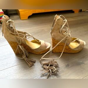 Ivanka Trump Hellena brown suede wedges with ankle wrap. Size 8.
